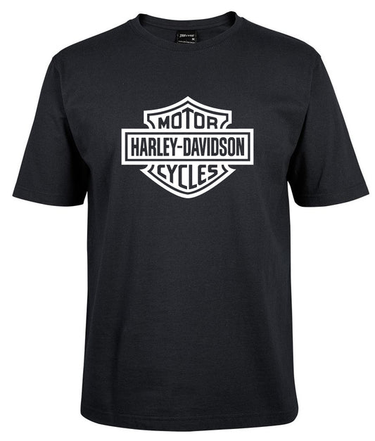 The Corsa Clothing Harley-Davidson Bar & Shield Shirt White Fill is a black crew-neck, short-sleeve t-shirt featuring the iconic white Harley-Davidson shield logo on the chest.