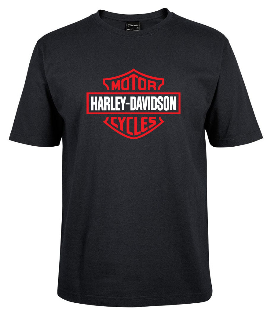 The Harley-Davidson Bar & Shield Shirt Red by Corsa Clothing is a black tee with a red and white Harley-Davidson Motor Cycles logo on the chest.