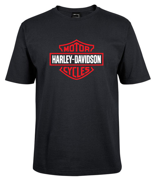 The Harley-Davidson Bar & Shield Shirt Red by Corsa Clothing is a black tee with a red and white Harley-Davidson Motor Cycles logo on the chest.