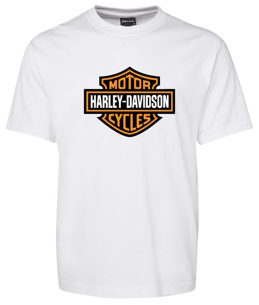 The Corsa Clothing Harley-Davidson Bar & Shield Shirt Orange features the iconic orange, black, and white shield logo printed on the chest.