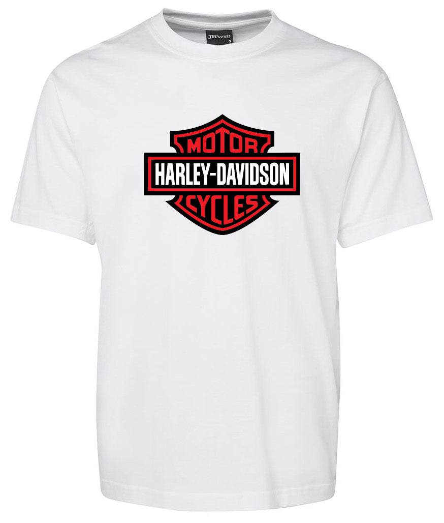 The Harley-Davidson Bar & Shield Shirt Red by Corsa Clothing is a white tee with a bold red and black Harley-Davidson Motor Cycles logo on the chest.