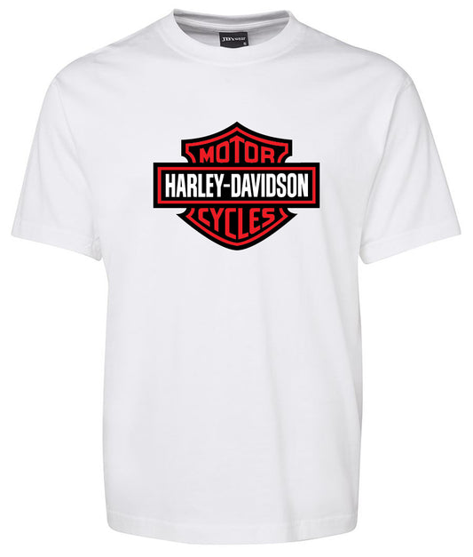 The Harley-Davidson Bar & Shield Shirt Red by Corsa Clothing is a white tee with a bold red and black Harley-Davidson Motor Cycles logo on the chest.