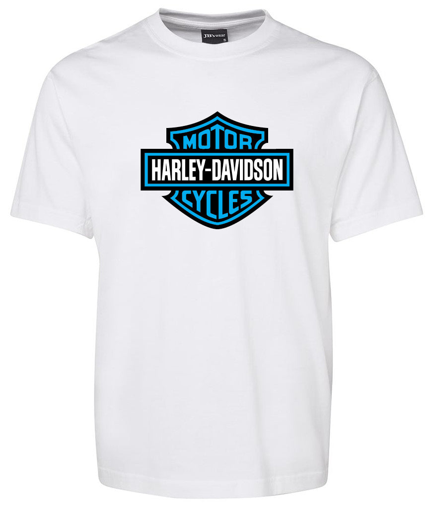 The Corsa Clothing Harley-Davidson Bar & Shield Shirt Blue is a plain white tee with a blue and black Harley-Davidson Motor Cycles logo on the front.