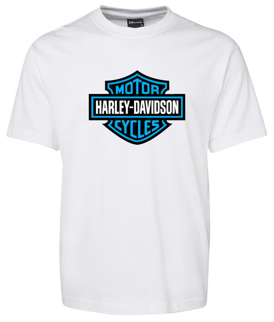 The Corsa Clothing Harley-Davidson Bar & Shield Shirt Blue is a plain white tee with a blue and black Harley-Davidson Motor Cycles logo on the front.