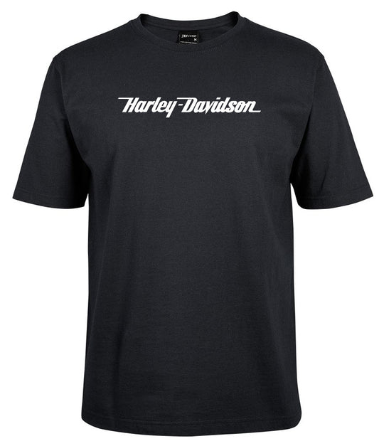 The Harley-Davidson Simple Shirt by Corsa Clothing is a black, short-sleeve crew neck tee featuring the Harley-Davidson logo in white cursive across the chest.