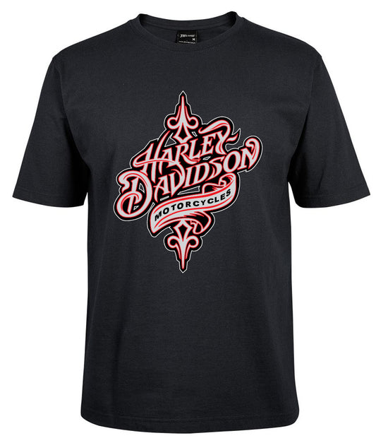 The Harley-Davidson Vinyl Shirt by Corsa Clothing is a black tee with a striking red and white Harley Davidson Motorcycles logo and tribal-style design on the chest.