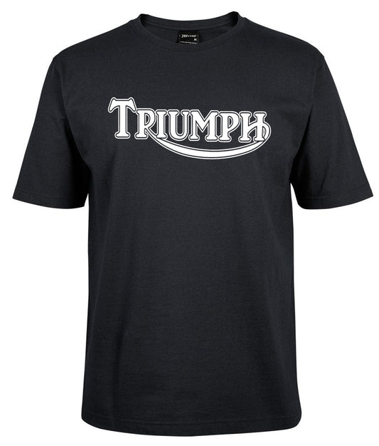 The Triumph Classic Logo Shirt by Corsa Clothing is a black T-shirt featuring "TRIUMPH" in bold, white, stylized letters across the chest.