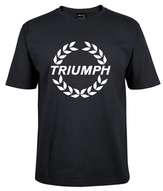 The Triumph Wreath Logo Shirt by Corsa Clothing features "TRIUMPH" in bold white letters with a laurel wreath design printed on the chest.