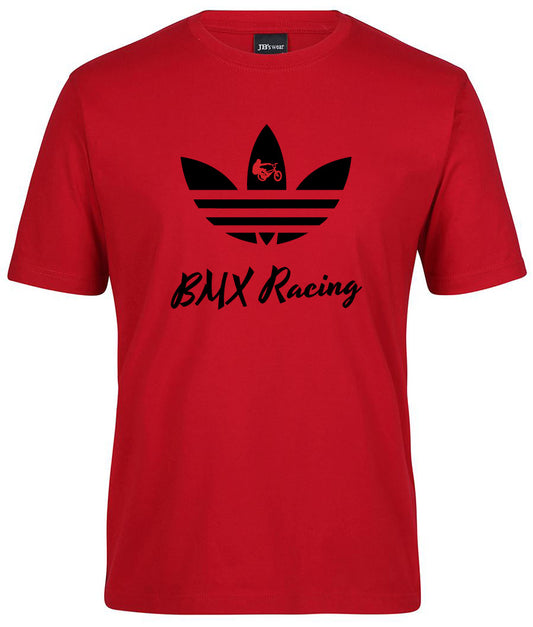 The Corsa Clothing BMX Racing T-shirt is red with a large black trefoil logo, a small BMX rider in the center, and "BMX Racing" written below in black script.