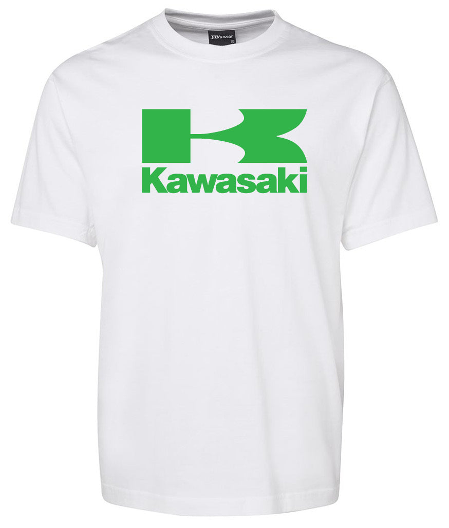 The Kawasaki Shirt by Corsa Clothing is a white tee with a large green Kawasaki logo and the word "Kawasaki" in green text across the chest.