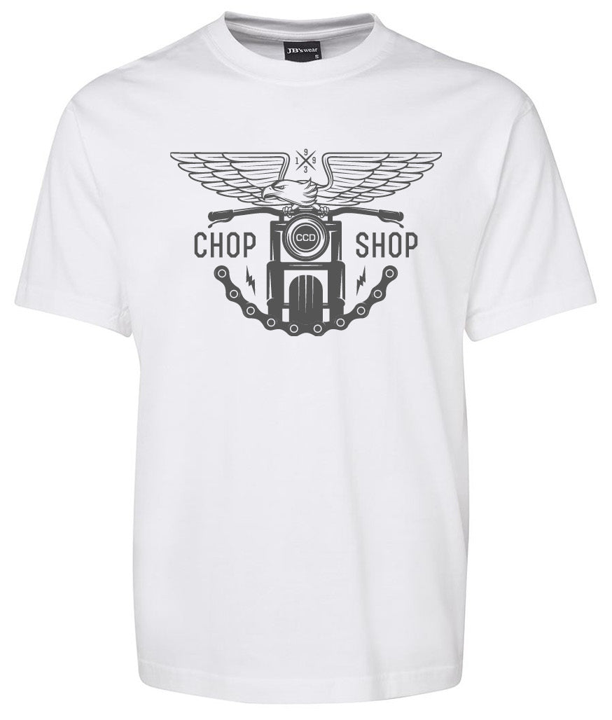 The Chop Shop Shirt by Corsa Clothing is a white tee with a bird and engine graphic, "CHOP SHOP" text, and chain and bolts detail.
