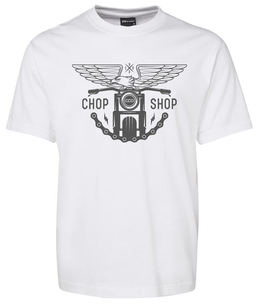 The Chop Shop Shirt by Corsa Clothing is a white tee with a bird and engine graphic, "CHOP SHOP" text, and chain and bolts detail.