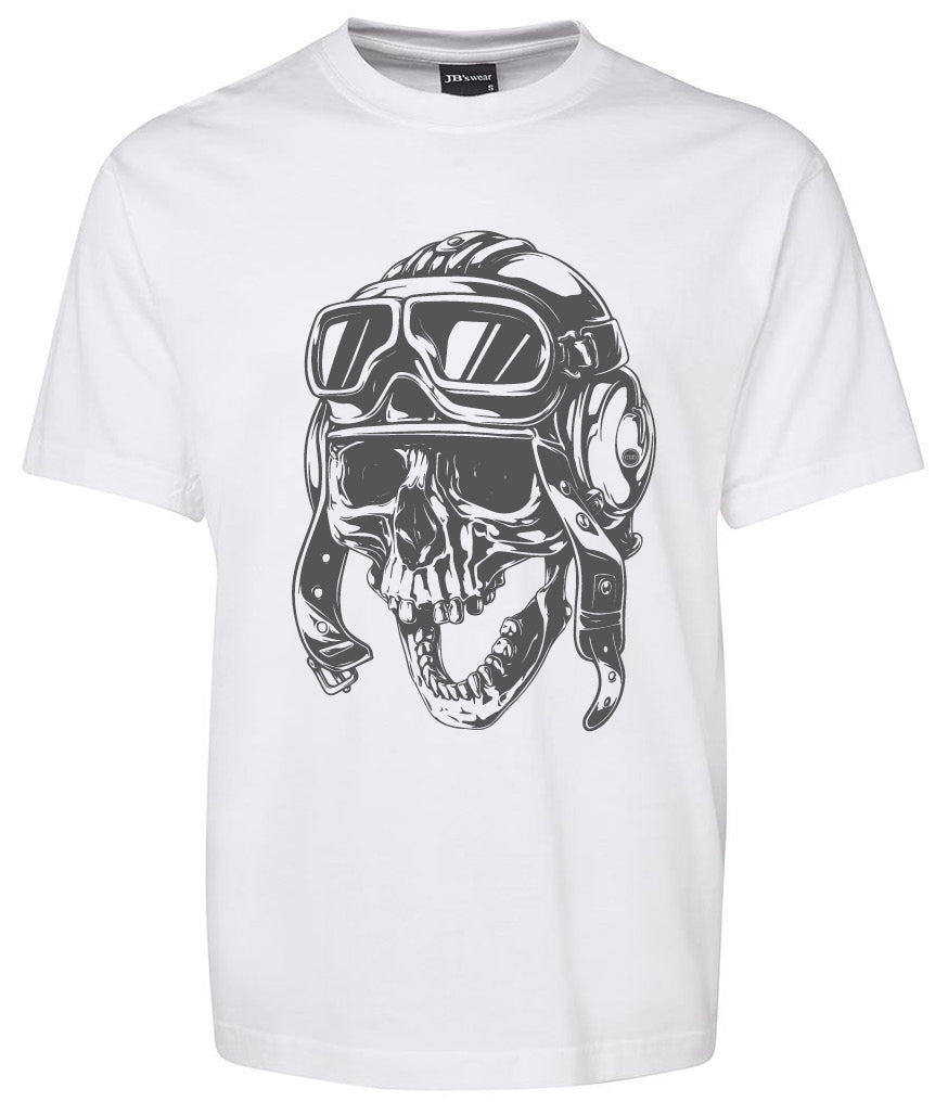 The Vintage Crazy Aviator Skull shirt white by Corsa Clothing features a black graphic of a grinning skull in aviator goggles and a vintage pilot helmet on the front.