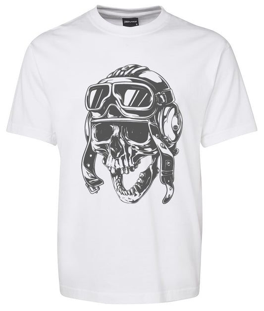 The Vintage Crazy Aviator Skull shirt white by Corsa Clothing features a black graphic of a grinning skull in aviator goggles and a vintage pilot helmet on the front.