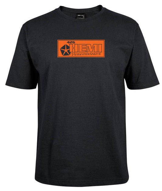 The Corsa Clothing Hemi Shirt is a black tee featuring an orange rectangular "426 HEMI PERFORMANCE" logo with a star-like design on the chest.
