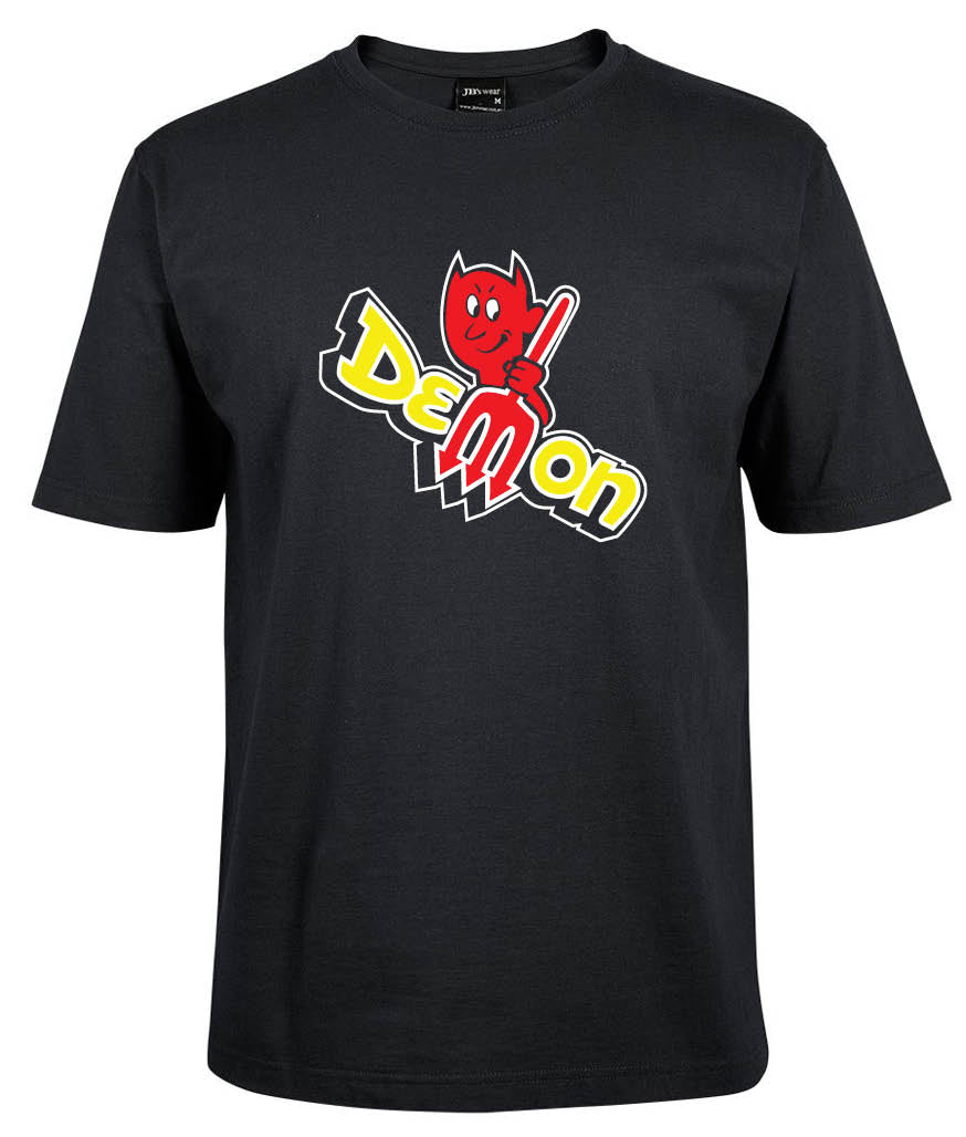The Corsa Clothing Demon Shirt Black features a cartoon red devil with a pitchfork and the word "Demon" in bold yellow and white letters across the chest.