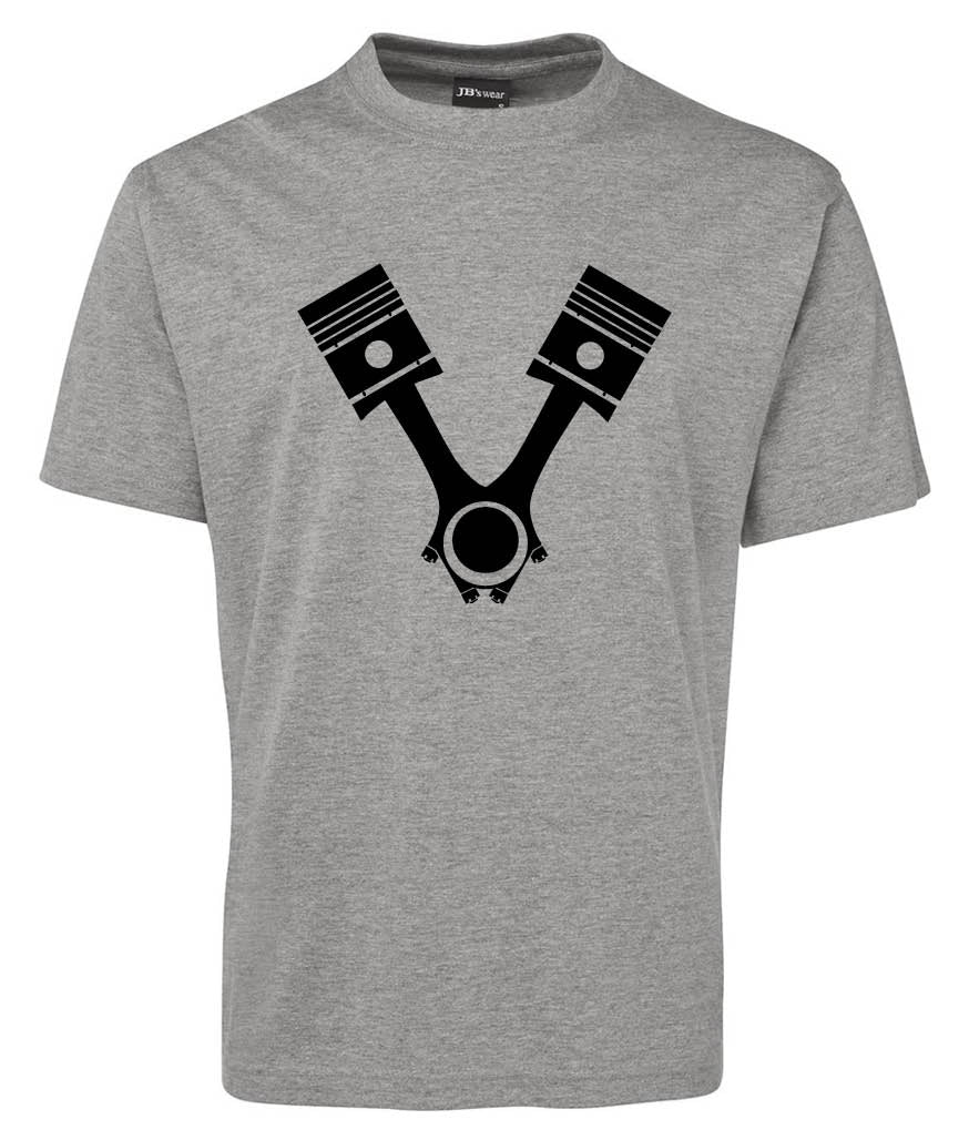 The Corsa Clothing V8 Engine Pistons Shirt is a gray tee with a black graphic of two engine pistons in a V shape on the chest.