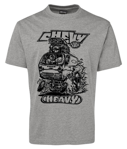 Gray T-shirt by Corsa Clothing called the Chevy Van Heavy Shirt, featuring a black cartoon-style van driving through water with surfboards on top. "Ducky Van" is above and "Heavy" below the graphic.