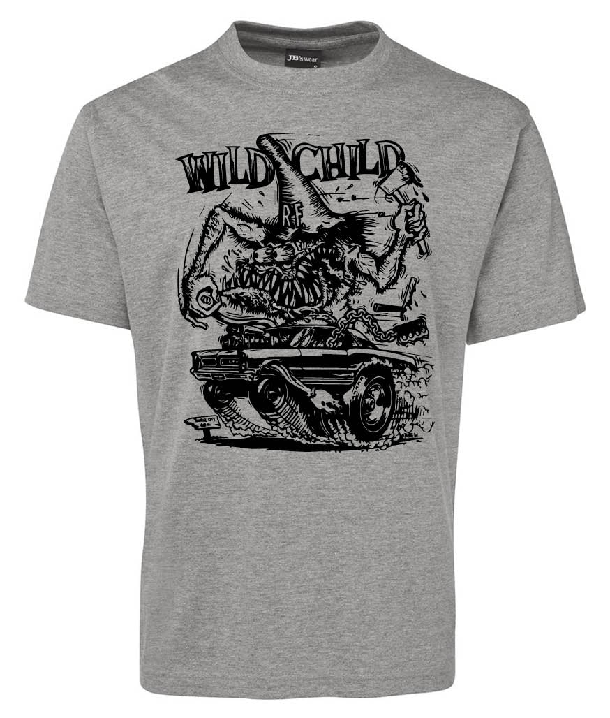 The Wild Child Shirt by Corsa Clothing is a gray tee with a black graphic of a cartoon monster in a hot rod, "WILD CHILD" text above, and smoke and motion lines for speed.