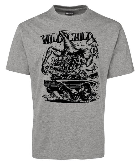 The Wild Child Shirt by Corsa Clothing is a gray tee with a black graphic of a cartoon monster in a hot rod, "WILD CHILD" text above, and smoke and motion lines for speed.