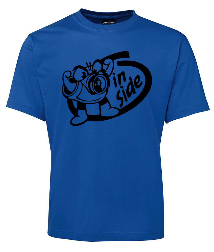 Corsa Clothing’s Turbo In Side Shirt: blue tee with a cartoon character in glasses and “5 in side” boldly printed on the front.