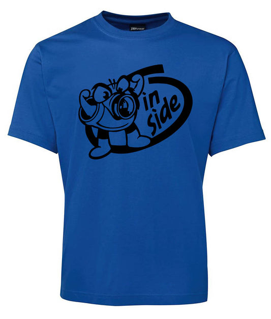 Corsa Clothing’s Turbo In Side Shirt: blue tee with a cartoon character in glasses and “5 in side” boldly printed on the front.