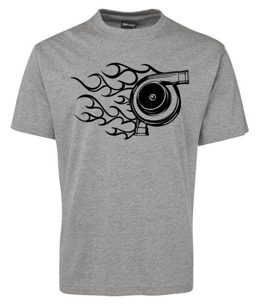 The Turbo Sketch Shirt by Corsa Clothing is a gray tee with a bold black turbocharger graphic and stylized flames on the front.