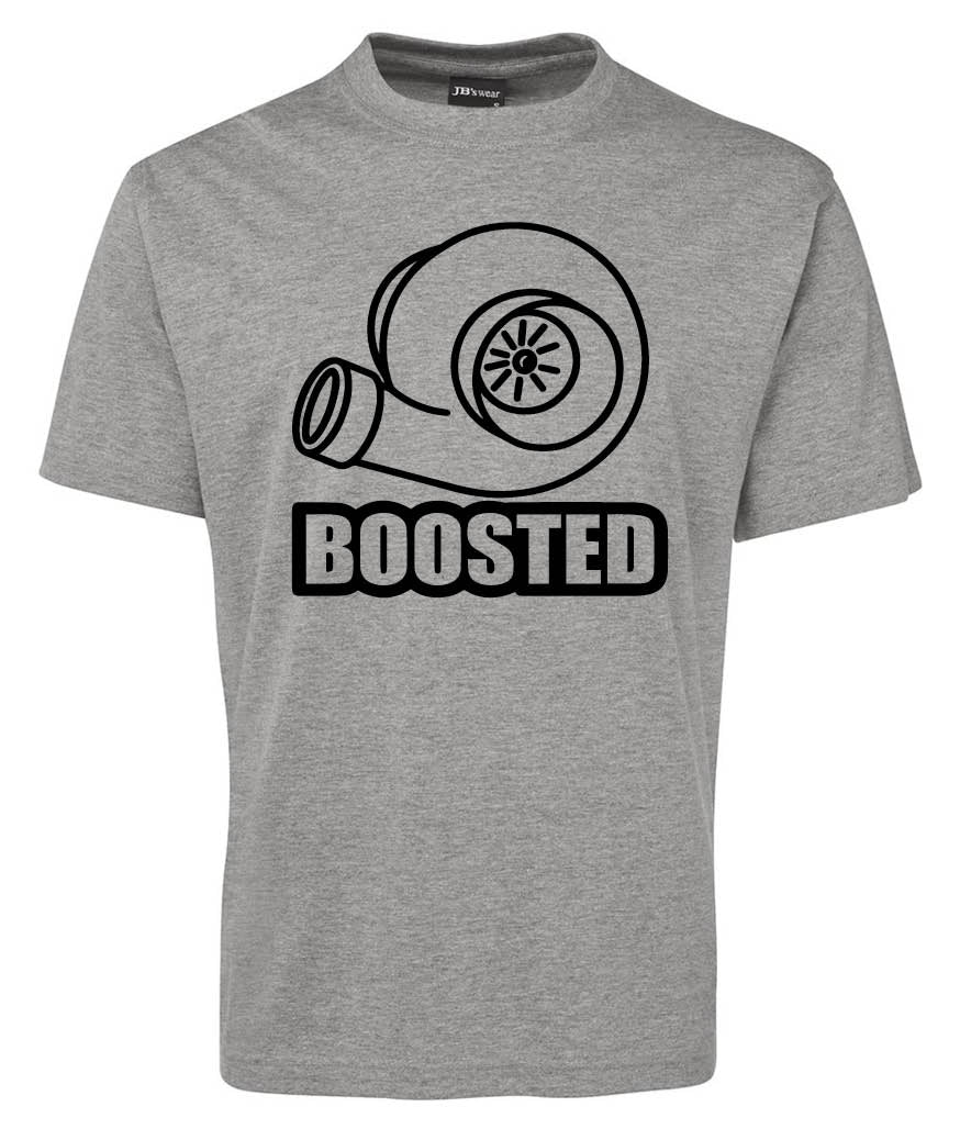 The Boosted Shirt by Corsa Clothing is a gray tee with a black turbocharger line drawing above the bold, capitalized word “BOOSTED.”.
