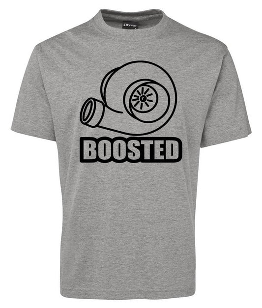 The Boosted Shirt by Corsa Clothing is a gray tee with a black turbocharger line drawing above the bold, capitalized word “BOOSTED.”.