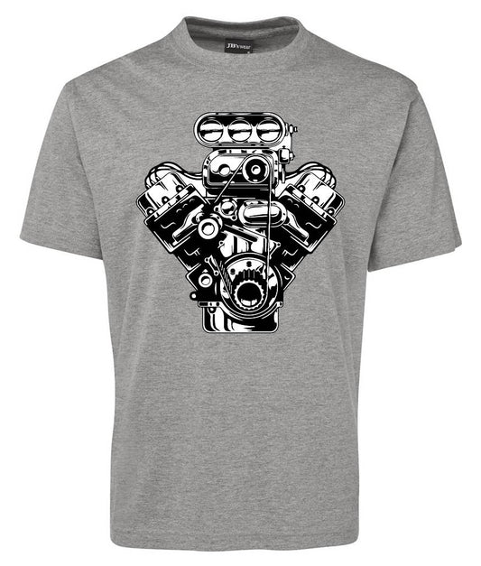 The Corsa Clothing Engine Shirt is a gray tee with a bold black and white V8 engine graphic on the chest.