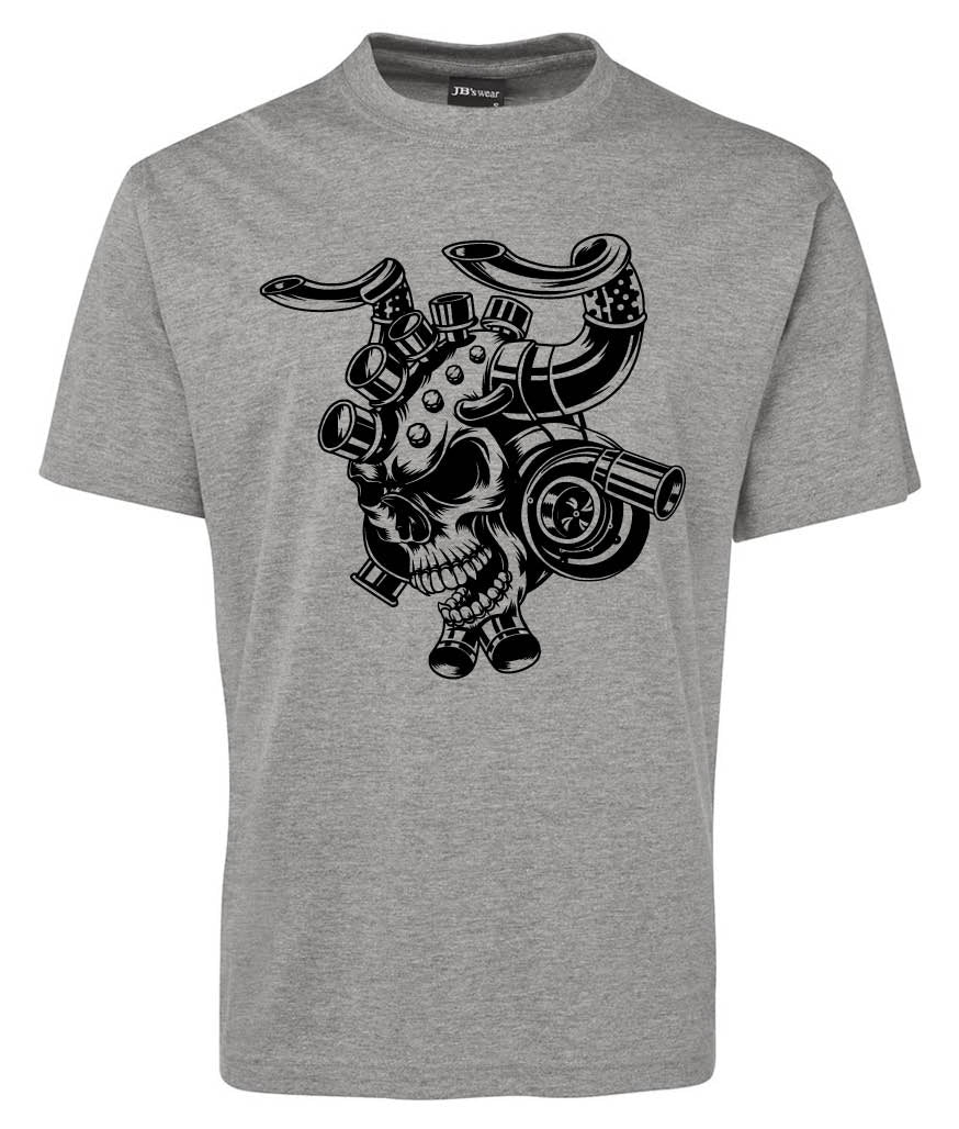 The Turbo Skull Shirt by Corsa Clothing is a gray tee with a black graphic of a grinning skull, featuring gears, pipes, and horns in an industrial-mechanical design.