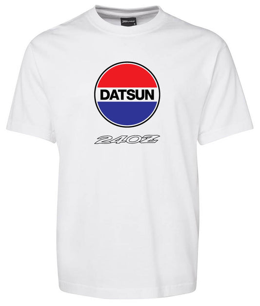 The DatSun 240Z Shirt by Corsa Clothing is a white T-shirt with a circular red, white, and blue logo featuring "DATSUN" in the center and "240Z" written in stylized text below.
