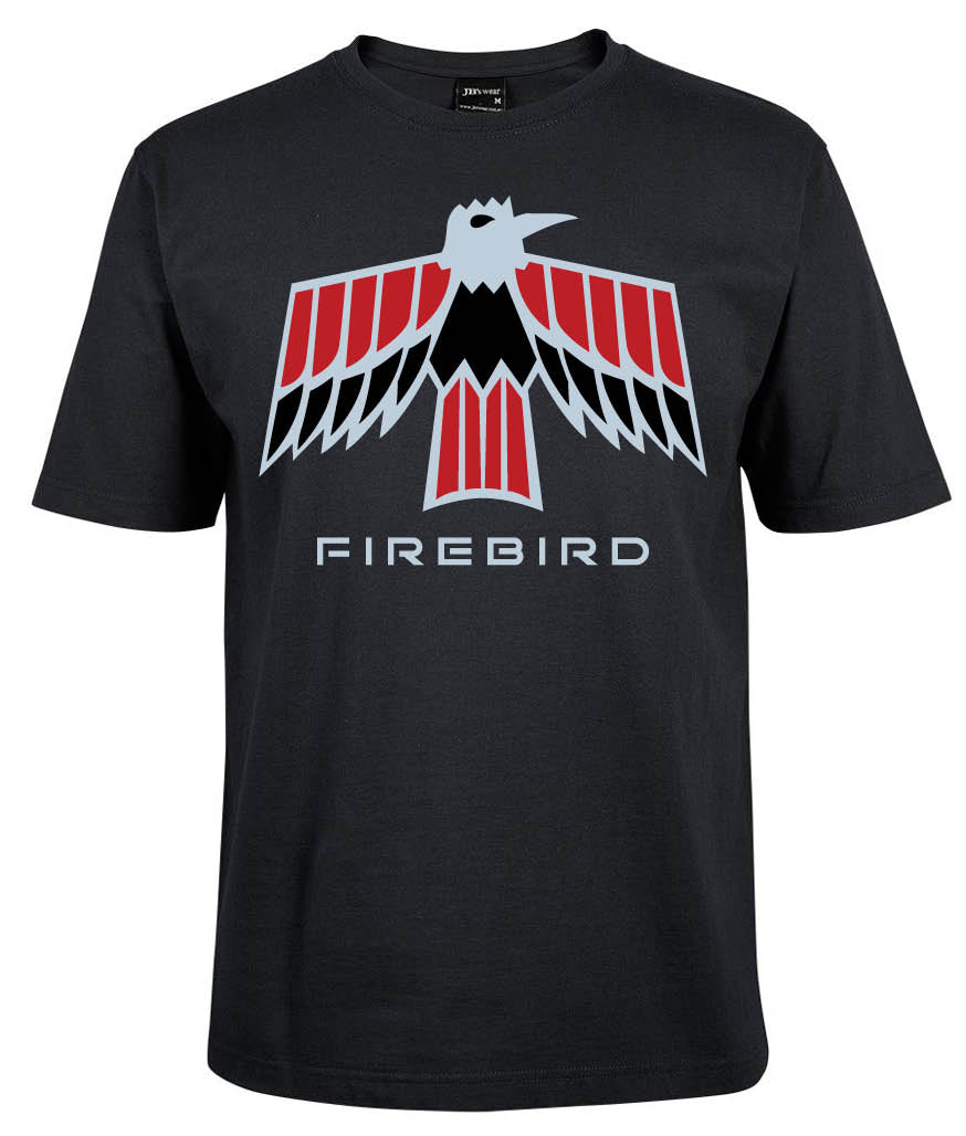 The Corsa Clothing FireBird Logo Shirt is a black tee with a bold FIREBIRD print beneath a stylized red, black, and gray bird graphic with angular wings.