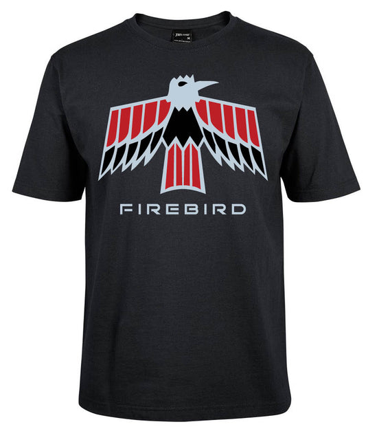 The Corsa Clothing FireBird Logo Shirt is a black tee with a bold FIREBIRD print beneath a stylized red, black, and gray bird graphic with angular wings.