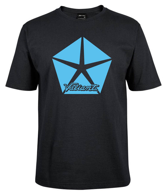 The Corsa Clothing Valiant Shirt is a black t-shirt with a large blue pentastar logo and "Valiant" written in script below the logo on the chest.
