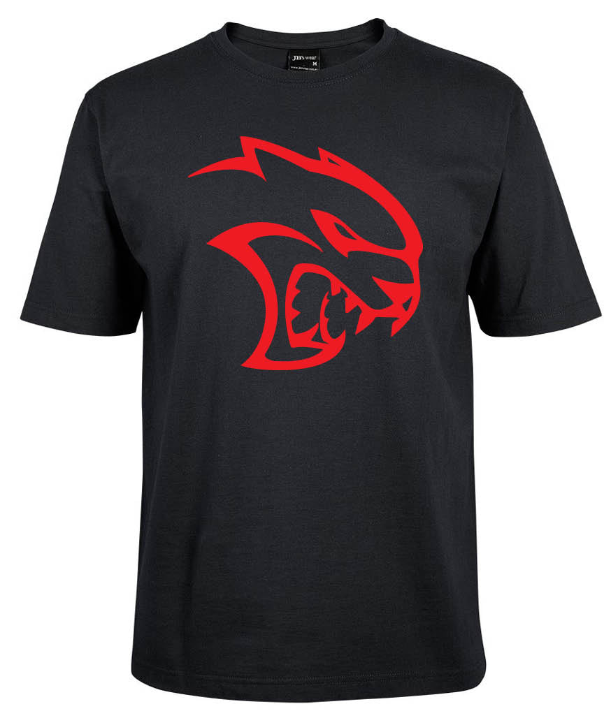 The Dodge Hellcat Shirt by Corsa Clothing is a black tee with a large, bold red stylized Hellcat head graphic displayed on the chest.