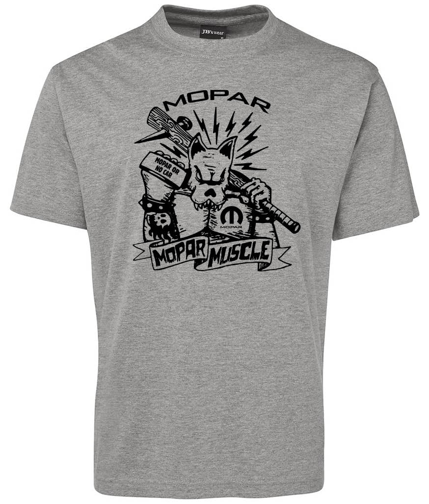 The Mopar Muscle Shirt by Corsa Clothing is a gray tee with a graphic of a muscular cat wielding a wrench and mallet, "MOPAR" above, "Mopar Muscle" below, spiked glove detail, and lightning bolt accents.
