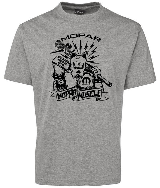 The Mopar Muscle Shirt by Corsa Clothing is a gray tee with a graphic of a muscular cat wielding a wrench and mallet, "MOPAR" above, "Mopar Muscle" below, spiked glove detail, and lightning bolt accents.