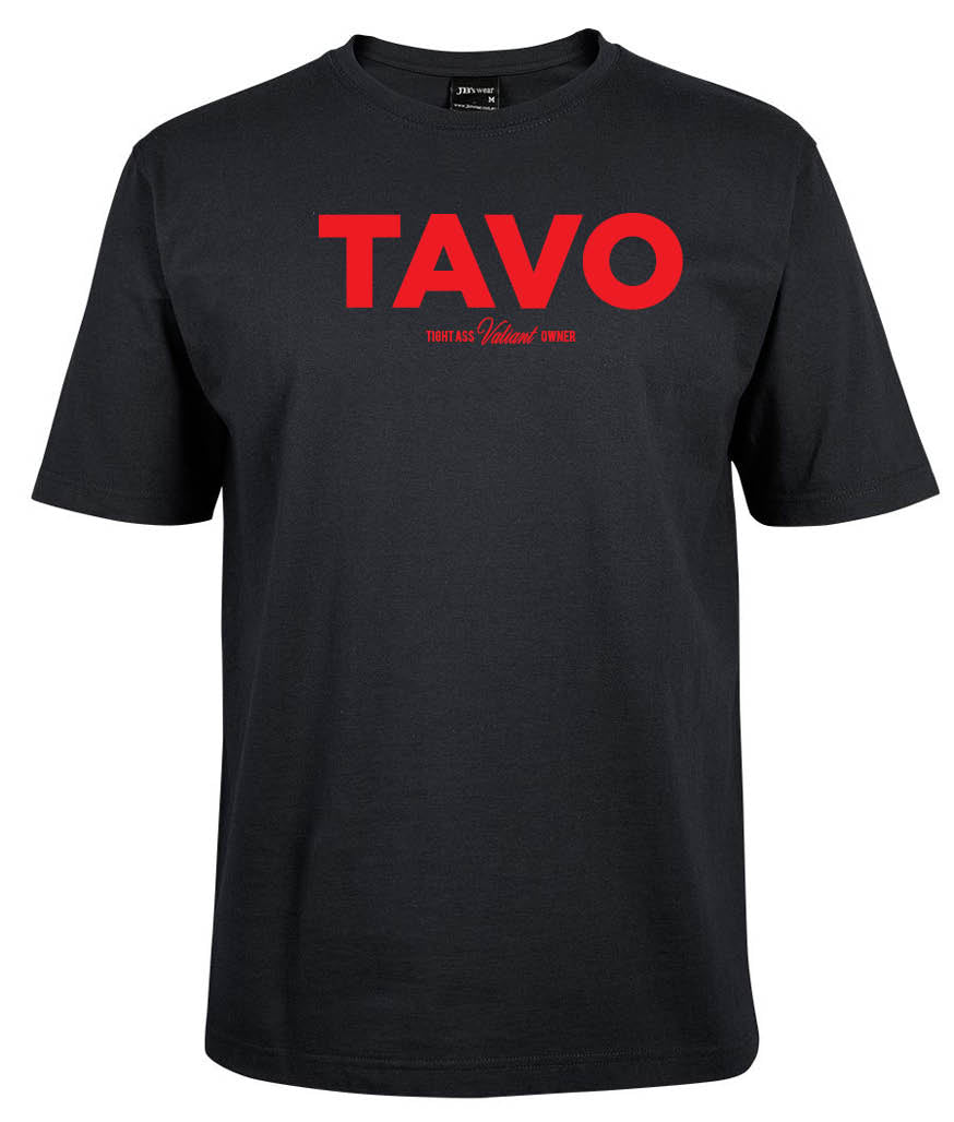 The Corsa Clothing Tavo Shirt is a black tee with bold red "TAVO" text across the chest and smaller white text beneath that reads "That’s As Visionary Owner.