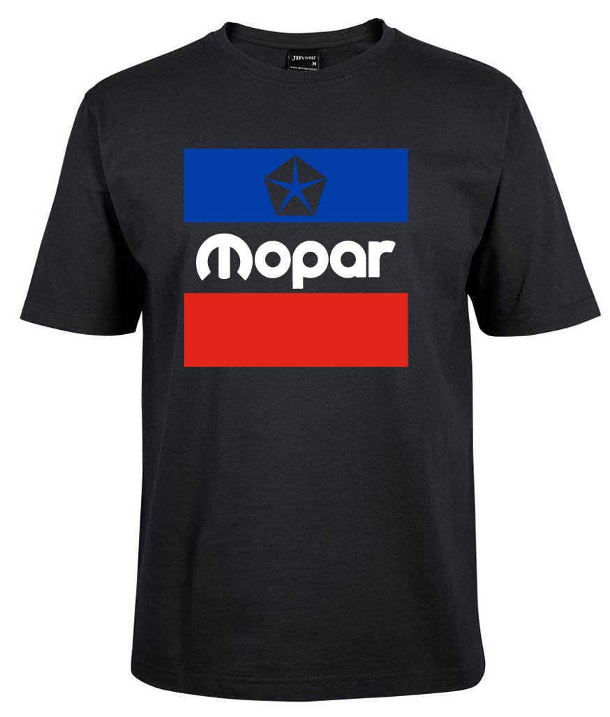 The Chrysler Mopar Classic by Corsa Clothing is a black t-shirt with a white Mopar logo centered between a blue rectangle with a black pentastar above and a red rectangle below.