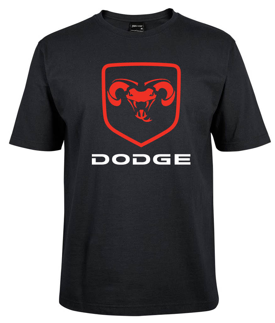Black Dodge Viper Shirt by Corsa Clothing featuring a large red Dodge Ram logo and bold white "DODGE" lettering on the front.