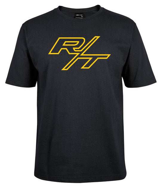 The Dodge R/T Shirt by Corsa Clothing is a black tee with a bold yellow R/T logo and angled slash across the chest.