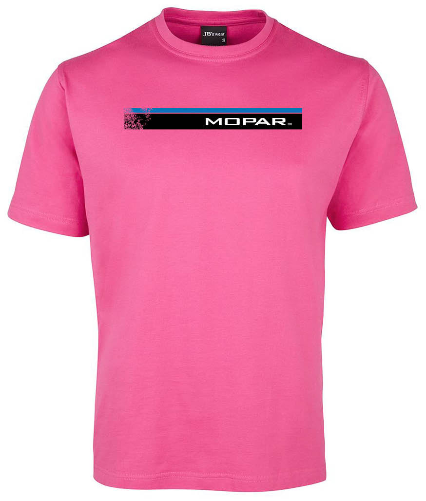 The Mopa Classic Shirt by Corsa Clothing is a plain pink tee with a black and blue rectangular MOPAR logo on the chest.