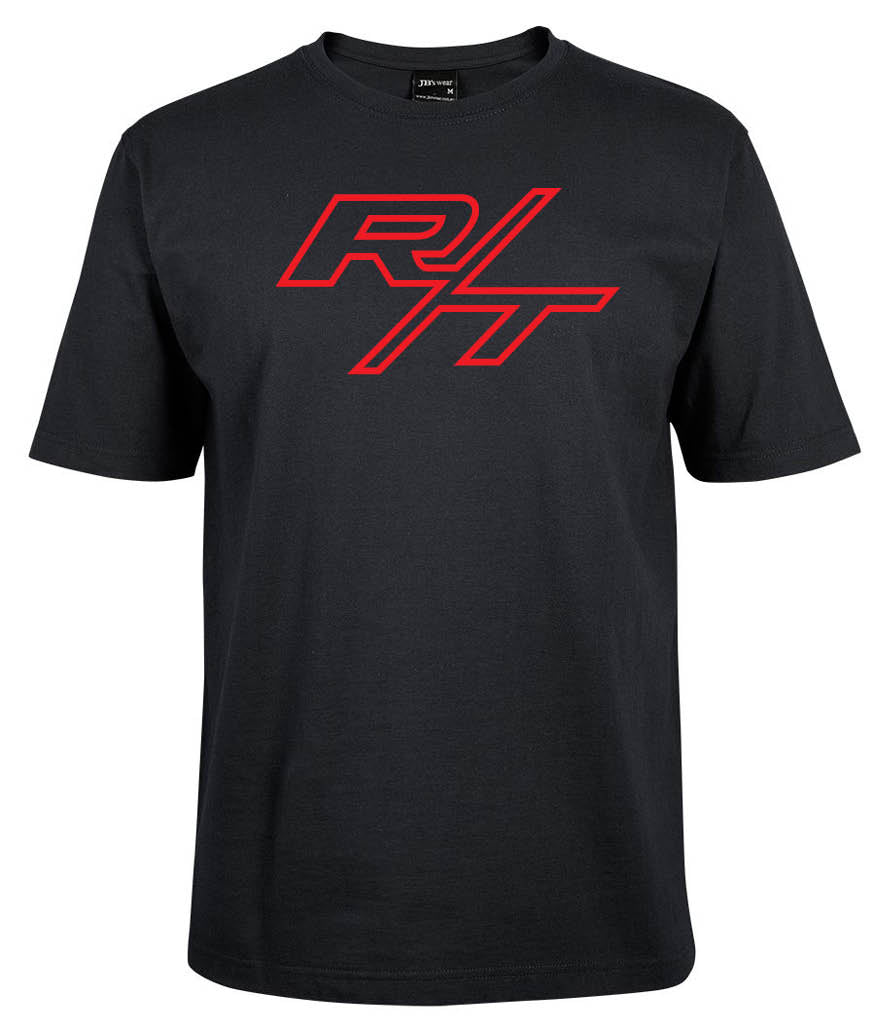 The Dodge R/T shirt by Corsa Clothing is a black tee with a bold red R/T logo in a stylized font on the front center.