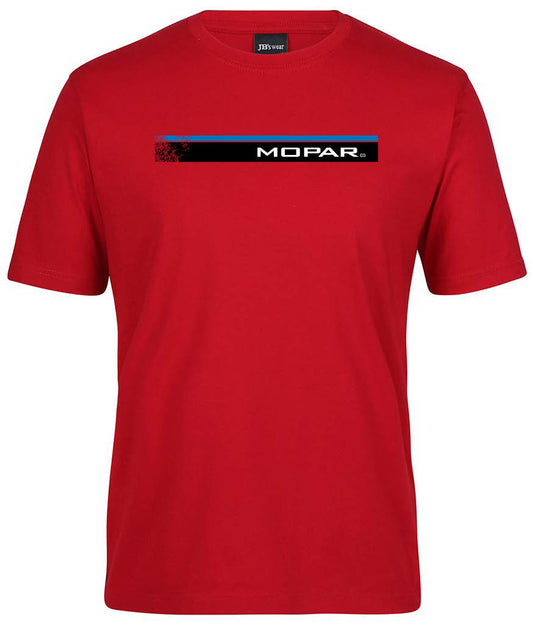 The Mopa Classic Shirt by Corsa Clothing is a plain red tee with a rectangular Mopar logo in black, blue, and white text on the chest.