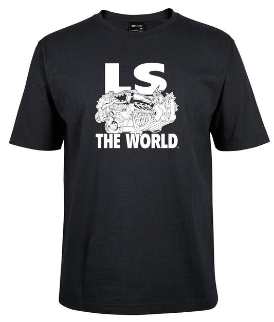 The Corsa Clothing LS Shirt is a black tee with a white engine graphic and "LS THE WORLD" in bold above and below the design.