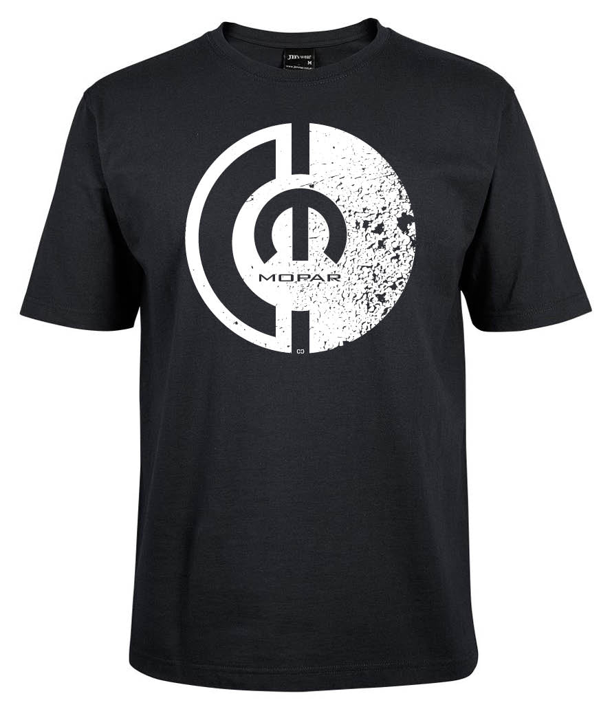 The Mopar Lock Shirt by Corsa Clothing is a black short-sleeve crew neck tee with a large white Mopar logo in the center, half of which has a distressed, worn-out look.