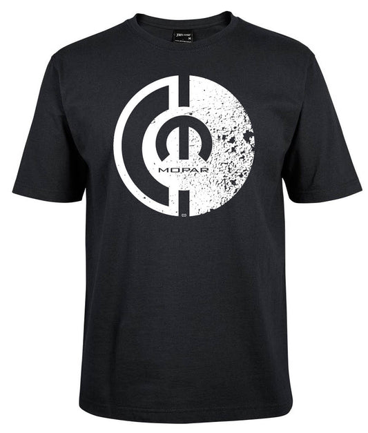 The Mopar Lock Shirt by Corsa Clothing is a black short-sleeve crew neck tee with a large white Mopar logo in the center, half of which has a distressed, worn-out look.