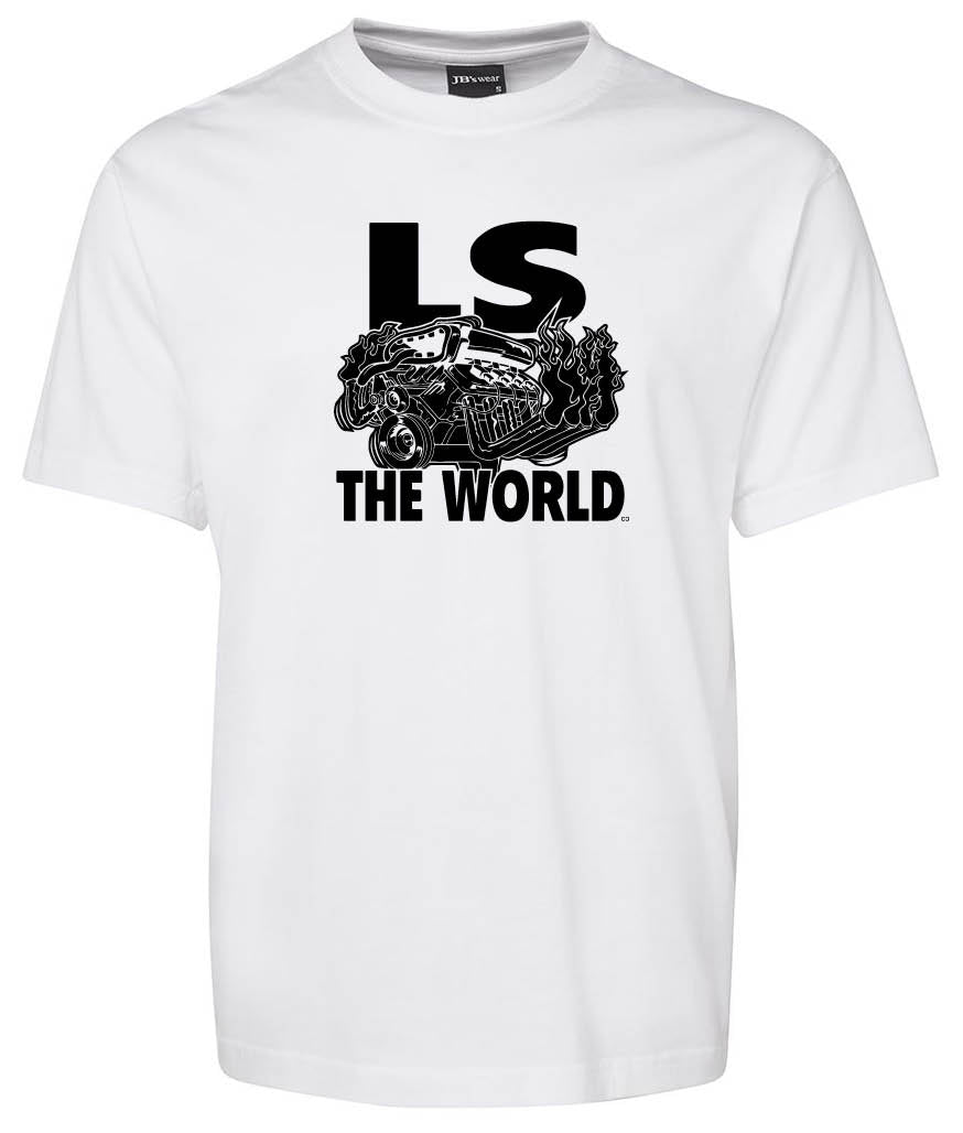The LS Shirt by Corsa Clothing is a white tee with a detailed black LS engine graphic and bold "LS THE WORLD" text above and below the image.
