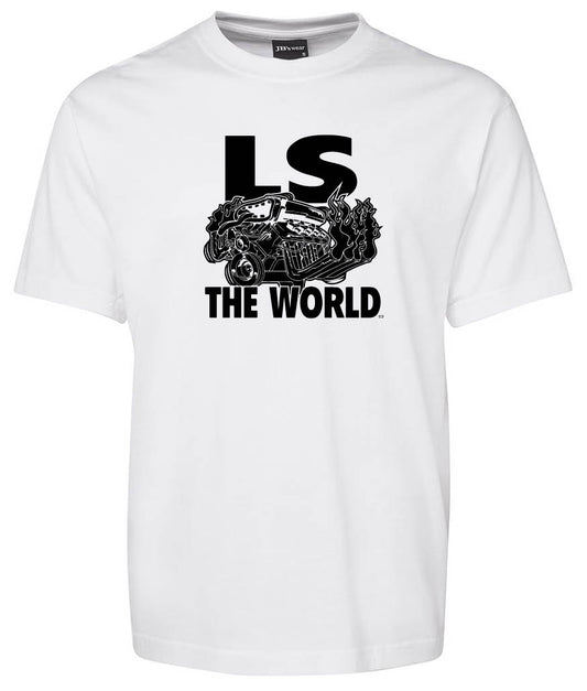 The LS Shirt by Corsa Clothing is a white tee with a detailed black LS engine graphic and bold "LS THE WORLD" text above and below the image.